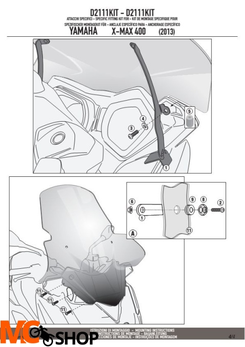 GIVI D2111KIT ZESTAW DO SZYBY YAMAHA X-MAX 125-250 (14), X-MAX 400 (13-14)